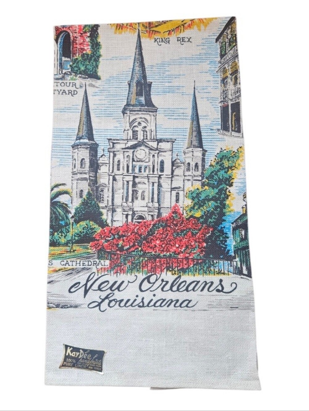 Vintage Kay Dee Designs Handprints 100% Linen Tea Towel St. Louis Cathedral